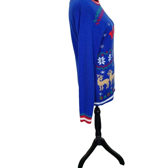 Jolly Sweaters Womens S Blue Holiday Ugly Sweater Christmas Party Reindeer Knit - Picture 12 of 12